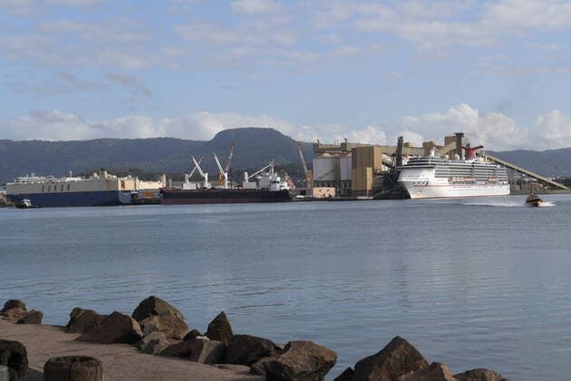 AUSTRALIA CORONAVIRUS COVID-19, The cruise ship Carnival Spirit docks at Port Kembla in Wollongong, Saturday, March 28, 2020. The Federal Government yesterday announced that any international travellers arriving in Australia will be quarantined in a hotel for 14 days before being allowed to return home. ( NO ARCHIVING, EDITORIAL USE ONLY, NO USE IN BOOKS WITHOUT CONSENT SYDNEY NSW AUSTRALIA  Copyright: xDEANxLEWINSx 20200328001460527721