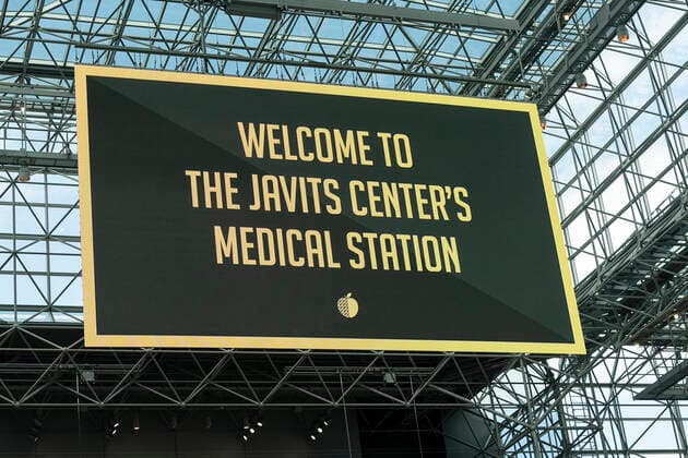 NY: Andrew Cuomo addresses National Guard members Welcome message to makeshift hospital displayed at Jacob Javits Center New York New York United States Copyright: LevxRadin