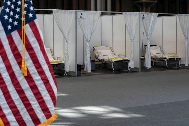 NY: Andrew Cuomo addresses National Guard members View makeshift hospital room built by National Guard members at Jacob Javits Center New York New York United States Copyright: LevxRadin
