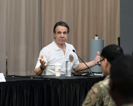 NY: Andrew Cuomo addresses National Guard members Governor Andrew Cuomo addresses National Guard members and media praising complition of makeshift hospitals at Jacob Javits Center New York New York United States Copyright: LevxRadin