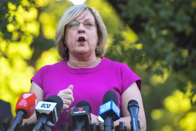 DANIEL ANDREWS CORONAVIRUS PRESSER, Victorian Police Minister Lisa Neville speaks to the media during a press conference at Parliament House in Melbourne, Saturday, March 28, 2020. ( NO ARCHIVING, EDITORIAL USE ONLY, NO USE IN BOOKS WITHOUT CONSENT MELBOURNE VIC AUSTRALIA  Copyright: xERIKxANDERSONx 20200328001460531829