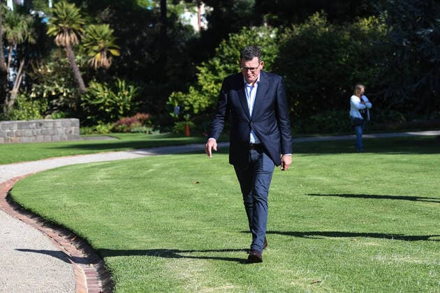 DANIEL ANDREWS CORONAVIRUS PRESSER, Victorian Premier Daniel Andrews leaves after a press conference at Parliament House in Melbourne, Saturday, March 28, 2020. ( NO ARCHIVING, EDITORIAL USE ONLY, NO USE IN BOOKS WITHOUT CONSENT MELBOURNE VIC AUSTRALIA  Copyright: xERIKxANDERSONx 20200328001460531907