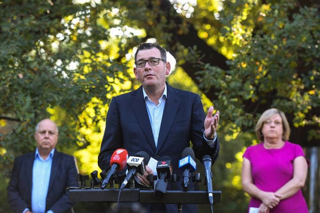 DANIEL ANDREWS CORONAVIRUS PRESSER, Victorian Premier Daniel Andrews speaks to the media during a press conference at Parliament House in Melbourne, Saturday, March 28, 2020. ( NO ARCHIVING, EDITORIAL USE ONLY, NO USE IN BOOKS WITHOUT CONSENT MELBOURNE VIC AUSTRALIA  Copyright: xERIKxANDERSONx 20200328001460532115