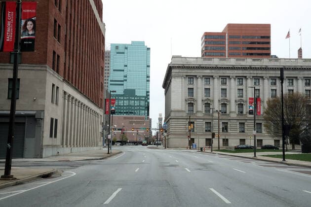 BALTIMORE, MD - MARCH 27: View of empty streets during the coronavirus pandemic in Baltimore, Maryland on March 27, 2020. Copyright: xmpi34x