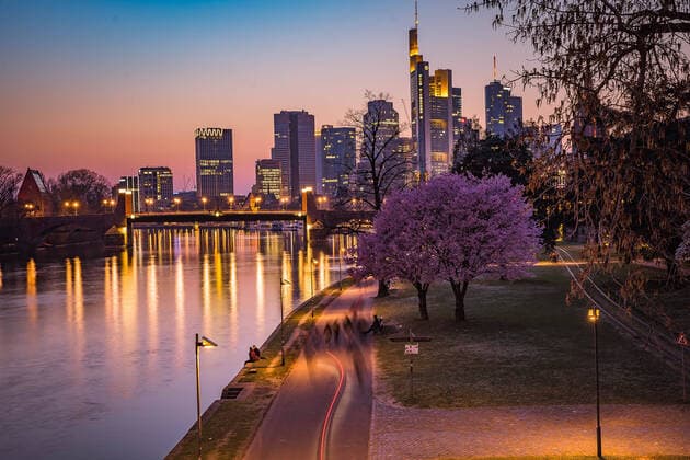 Germany Frankfurt 27 03 2020 in Times of Corona Impressions from Frankfurt Frankfurt Frankfurt skyline led by the Commerzbank Tower at sunset Economy Impressions from Frankfurt am Main