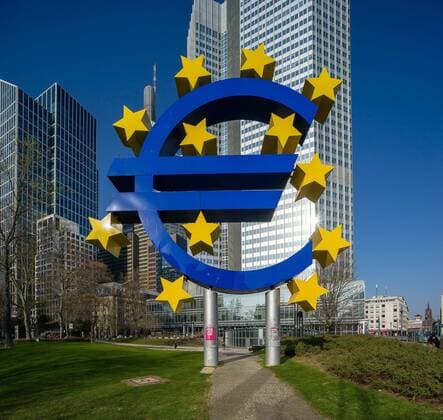 Germany Frankfurt am Main Willy Brandt Platz 27 03 2020 in Times of Corona Impressions from Frankfurt Euro sculpture in front of the Eurotower Economy Impressions from Frankfurt am Main