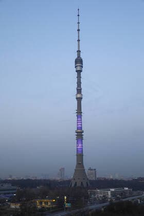 MOSCOW, RUSSIA - MARCH 28, 2020: A message reading Take care of your family. Keep well. Stay at home is seen on Ostankino Tower during the pandemic of the novel coronvirus (COVID-19). As of 28 March 2020, Russia has reported more than 1200 confirmed cases of the novel coronavirus (COVID-19), with more than 800 confirmed cases in Moscow. Artyom Geodakyan TASS  TS0D3A99