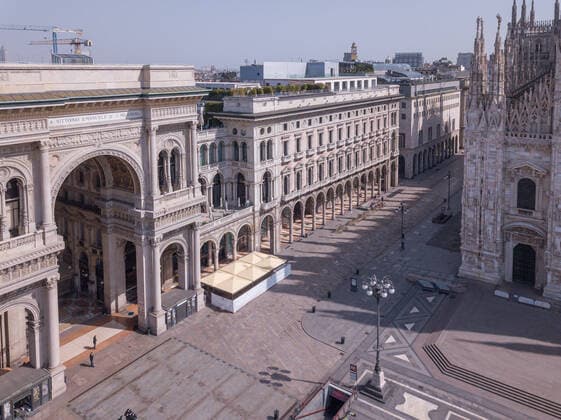 Milan drone takes back the deserted streets and squares because of the quarantine for the Coronavirus COVID19, panoramic shot of Piazza Del Duomo Galleria Vittorio Emanuele (Davide Salerno Fotogramma, Milan - 2020-03-28) p.s. la foto e utilizzabile nel rispetto del contesto in cui e stata scattata, e senza intento diffamatorio del decoro delle persone rappresentate  Copyright: xDavidexSalernox xFOTOGRAMMAx