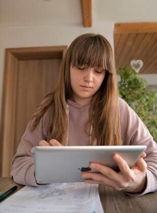 28 02 2020, Children and Family, Modelreleased Home Schooling, Children in Bavaria because of the Corona Pandemic Girl sitting at her desk learning her lessons tasks on the iPad 28 02 2020, Children and Family, homeschooling 28 02 2020, Children and Family, homeschooling