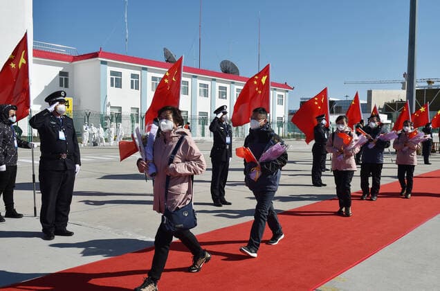 (200328) -- CHANGBAISHAN, March 28, 2020 -- Medical workers supporting virus-hit Hubei Province arrive at Changbaishan Airport in northeast China s Jilin Province, March 28, 2020. The third batch of medical assistance teams from Jilin, which consists of 404 members, returned from Hubei as the epidemic outbreak in the hard-hit province has been subdued. ) CHINA-JILIN-MEDICAL TEAM-RETURN FROM HUBEI (CN) LinxHong 