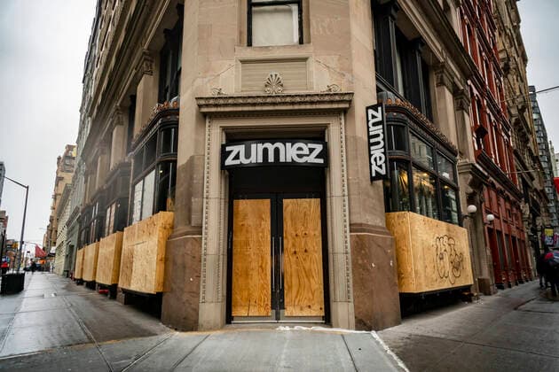 New York during the COVID-19 pandemic Fast fashion retailer Zumiez boards up their store in the Greenwich Village neighborhood in New York on Saturday, March 28, 2020 due to COVID-19. Fast fashion retail is following luxury retailers in boarding up their stores to prevent break-ins. (  RichardxB.xLevine