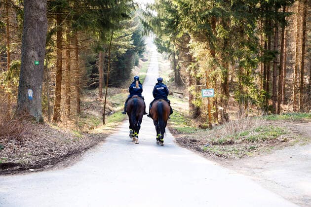 Policewomen of the police riding team Großerkmannsdorf control the observance of the limited curfew in connection with the fight against the coronavirus in the Tharandter Wald near Grillenburg