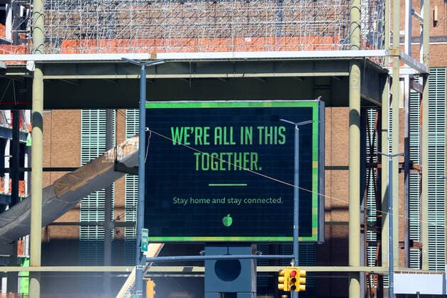 March 27, 2020, New York, NY, USA: NEW YORK, NY - MARCH 27: A general view of a video board at a construction site that reads We are all in this together near the Jacob K. Javits Convention Centerduring the coronavirus (Covid-19) pandemic on March 27, 2020 in New York, NY. ( Icon Sportswire) New York USA - ZUMAi88_ 20200327_zaf_i88_099 Copyright: xRichxGraesslex