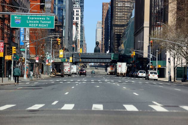 March 27, 2020, New York, NY, USA: NEW YORK, NY - MARCH 27: A general view of up an empty 10th Avenue at 12:30pm during the coronavirus (Covid-19) pandemic on a friday afternoon March 27, 2020 in New York, NY. ( Icon Sportswire) New York USA - ZUMAi88_ 20200327_zaf_i88_120 Copyright: xRichxGraesslex