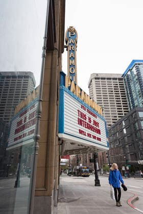 March 28, 2020, Seattle, Washington, U.S: Seattleâ€⠢s Paramount Theaterâ€⠢s marquee displays the hopeful messages â€oeThis is Just Intermission†and â€oeWeâ€⠢ll See You Soon†on Saturday, March 28, 2020. Under governor Jay Insleeâ€⠢s statewide stay home proclamation, now extended until April 6, people are able to leave their homes only for essential activities including grocery shopping, exercise and caring for a family member, friend or pet. Seattle U.S. - ZUMAg235 20200328_zap_g235_002 Copyright: xPaulxChristianxGordonx