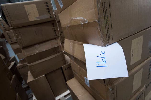 The Czech Republic launched its aid to Spain and Italy, the European countries that are the most afflicted by the novel coronavirus pandemic, sending 20,000 protective suits from the police storage facility in Opocinek to them, on March 29, 2020, in Opocinek, Pardubice, Czech Republic. (CTKxPhoto JosefxVostarek) CTKPhotoP202003290114701 JVO 002