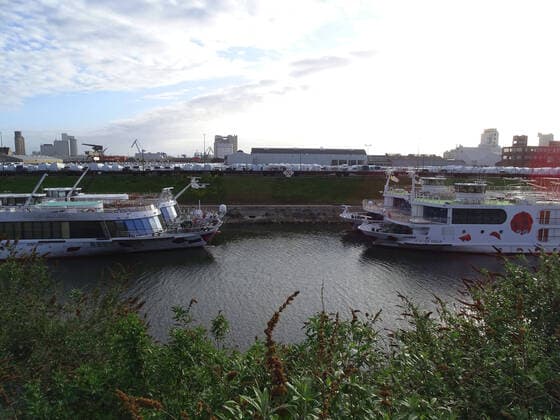 Kussmund against Kussmund a tender gesture the river cruisers of the Arosa fleet in forced Sleeping Beauty sleep Corona has made it Safety First Arosa river cruiser bow section against bow section harbour basin two Neuss