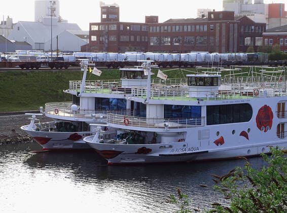 The kissing mouth bow sections of the Arosa river cruisers quiet and dreamy together, yet against a serious background and occasion Arosa river cruiser bow section harbour basin two Neuss