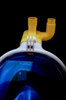 An adapter to transform a snorkelling mask distributed by Decathlon into an oxygen surgery mask to improve care for Sars-Cov2 patients seriously ill in Italians hospitals printed in Remade 3D graphics laboratory that participate to a project made by Isinnova who shared his idea. In Italy hospitals are almost full and more intensive care equipment is needed.  Copyright: xAntonioxBalascox xIPAx xAntonioxBalascox