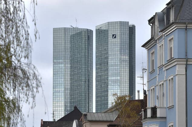 xblx, Towers of the Deutsche Bank headquarters in Frankfurt, twin towers high-rise building, in clouds Frankfurt am Main