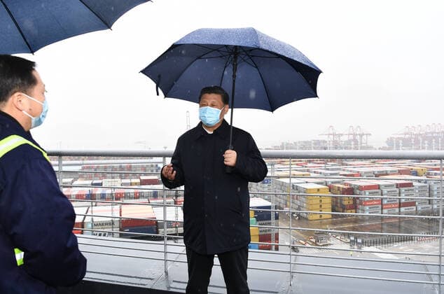 (200329) -- NINGBO, March 29, 2020 -- Chinese President Xi Jinping, also general secretary of the Communist Party of China Central Committee and chairman of the Central Military Commission, visits the Chuanshan port area of the Ningbo-Zhoushan Port in east China s Zhejiang Province, March 29, 2020. Xi on Sunday inspected the resumption of work and production in Zhejiang. ) CHINA-ZHEJIANG-XI JINPING-INSPECTION (CN) YanxYan 