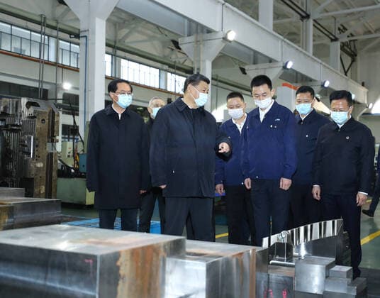 (200329) -- NINGBO, March 29, 2020 -- Chinese President Xi Jinping, also general secretary of the Communist Party of China Central Committee and chairman of the Central Military Commission, visits an industrial park, which produces high-end auto parts and molds, in Ningbo, east China s Zhejiang Province, March 29, 2020. Xi on Sunday inspected the resumption of work and production in Zhejiang. ) CHINA-ZHEJIANG-XI JINPING-INSPECTION (CN) JuxPeng 