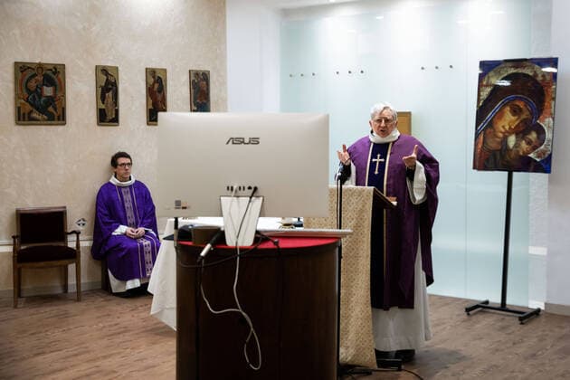Paris, France, March 29, 2020 - Mass celebrated by videoconference during the Covid-19 epidemic inside the chapel of Sainte Odile church - In the presence of father Stephane Biaggi  Copyright: xAlexisxSciardx