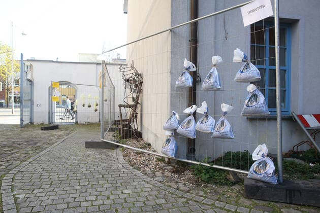 Gift fence in the cultural center fire station in Magdeburg Saxony-Anhalt, citizens can donate bags with food in times of the Corona crisis, which can then be taken away by citizens who do not have so much available