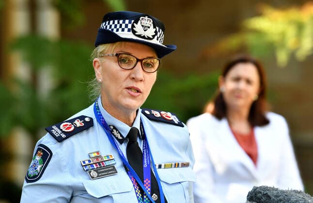 ANNASTACIA PALASZCZUK COVID-19 PRESSER, Queensland Police Commissioner Katarina Carroll (left) is seen during a press conference at Queensland Parliament House in Brisbane, Monday, March 30, 2020. Premier Palaszczuk announced that Queensland had 33 more cases of coronavirus (COVID-19), taking the state s overall number to 689 cases. ( NO ARCHIVING, EDITORIAL USE ONLY, NO USE IN BOOKS WITHOUT CONSENT BRISBANE QLD AUSTRALIA  Copyright: xDARRENxENGLANDx 20200330001460808299