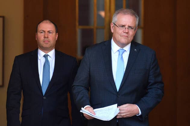 SCOTT MORRISON PRESSER, Treasurer Josh Frydenberg and Prime Minister Scott Morrison arrive to announce the government s $130b wage subsidy package at a press conference at Parliament House in Canberra, Monday, March 30, 2020. ( NO ARCHIVING, EDITORIAL USE ONLY, NO USE IN BOOKS WITHOUT CONSENT Canberra ACT AUSTRALIA  Copyright: xMICKxTSIKASx 20200330001460809761