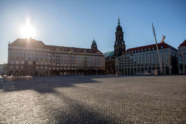 Monday morning Due to the novel coronavirus, Saxony is subject to exit restrictions, as is Dresden In the picture empty old market with town hall tower and Kreuzkirche l r 30 03 2020, Dresden Old Town, Germany, Dresden