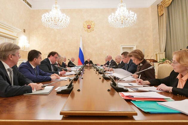 MOSCOW, RUSSIA - MARCH 30, 2020: Russia s Prime Minister Mikhail Mishustin (C) holds a meeting of a coordination council on managing the COVID-19 coronavirus pandemic at the House of the Russian Government. Alexander Astafyev POOL TASS  TS0D3D84