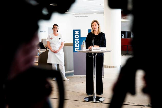 Co-Chair Sophie Haestorp Andersen S Co-Chair Sophie Haestorp Andersen S and Head of COVita Jan Bonde, at the Capital Regions press conference in the North Fleet at the Rigshospitalet on the new COVID 19 department of the hospital, Monday 30 March 2020, Copenhagen Denmark,  Copyright: RitzauxScanpix IdaxGuldbaekxArentsenx COP101 spdk20200330-141209-L