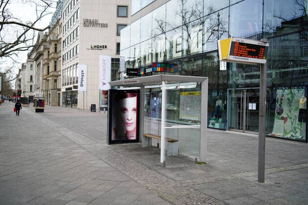 30 03 2020,Berlin,Germany,GER,the city in times of the Corona Pandemic BVG Bus stop at the underground station Kurfürstendamm