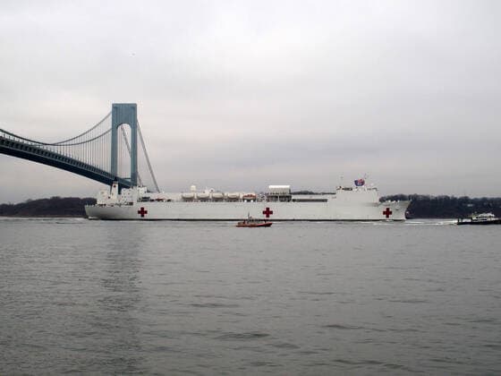 March 30, 2020, New York, New York, USA: The Hospital Ship USNS Comfort arrives in New York. USNS Comfort sail under the Verrazano Narrows bridge then proceeds to go past the Statue of Liberty to it s berth at pier 90 on the Westside of Manhattan New York USA - ZUMAct2_ 20200330_zaf_ct2_018 Copyright: xBrucexCotlerx