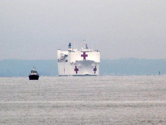 March 30, 2020, New York, New York, USA: The Hospital Ship USNS Comfort arrives in New York. USNS Comfort sail under the Verrazano Narrows bridge then proceeds to go past the Statue of Liberty to it s berth at pier 90 on the Westside of Manhattan New York USA - ZUMAct2_ 20200330_zaf_ct2_038 Copyright: xBrucexCotlerx