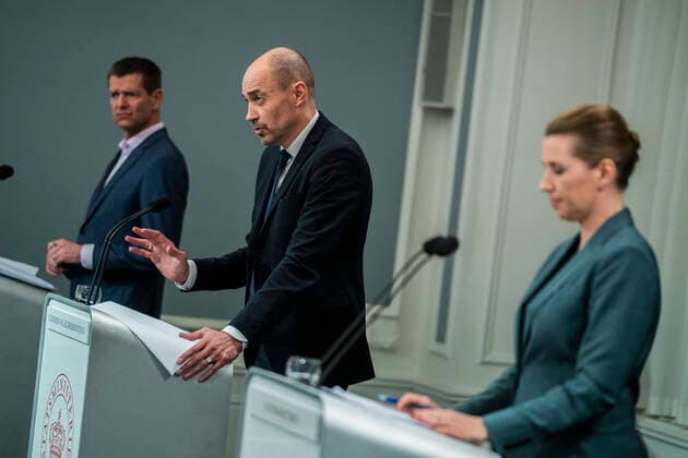 Prime Minister Mette Frederiksen S, Minister of Health Magnus Heunicke, Soeren Brostroem, Thorkild Fogde and Kaare Moelbak hold a press conference on COVID 19 in Denmark, in the Mirror Hall in the Prime Ministers Office on Monday, March 30, 2020,,  Copyright: MartinxSylvestx spdk20200330-192730-L