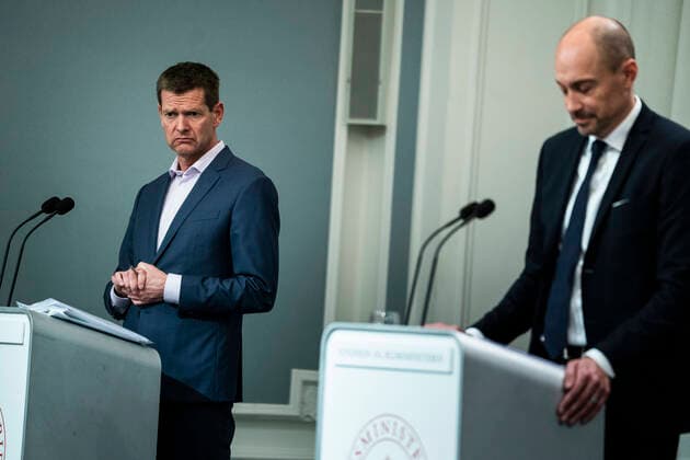 Prime Minister Mette Frederiksen S, Minister of Health Magnus Heunicke, Soeren Brostroem, Thorkild Fogde and Kaare Moelbak hold a press conference on COVID 19 in Denmark, in the Mirror Hall in the Prime Ministers Office on Monday, March 30, 2020,,  Copyright: MartinxSylvestx spdk20200330-192829-L