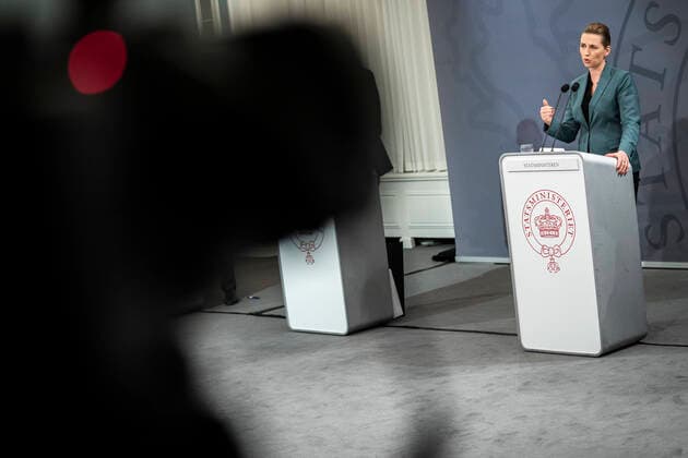 Prime Minister Mette Frederiksen S, Minister of Health Magnus Heunicke, Soeren Brostroem, Thorkild Fogde and Kaare Moelbak hold a press conference on COVID 19 in Denmark, in the Mirror Hall in the Prime Ministers Office on Monday, March 30, 2020,,  Copyright: MartinxSylvestx spdk20200330-192855-L