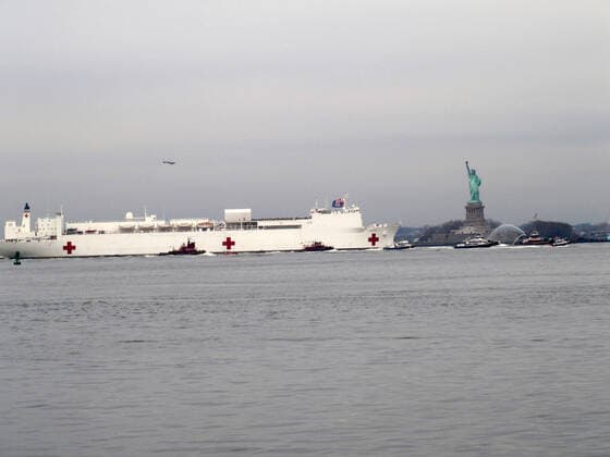 March 30, 2020, New York, New York, USA: The Hospital Ship USNS Comfort arrives in New York. USNS Comfort sail under the Verrazano Narrows bridge then proceeds to go past the Statue of Liberty to it s berth at pier 90 on the Westside of Manhattan New York USA - ZUMAct2_ 20200330_zaf_ct2_025 Copyright: xBrucexCotlerx
