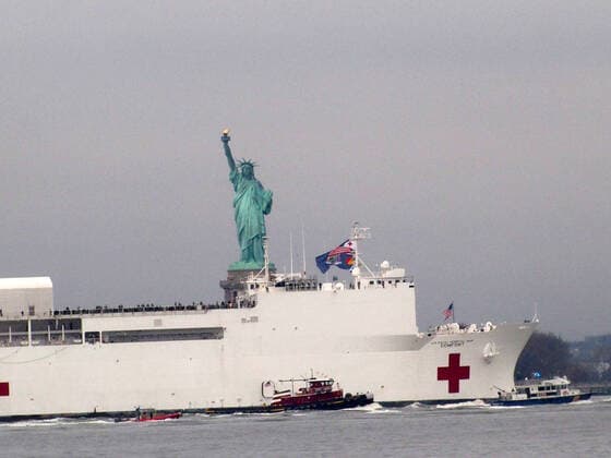 March 30, 2020, New York, New York, USA: The Hospital Ship USNS Comfort arrives in New York. USNS Comfort sail under the Verrazano Narrows bridge then proceeds to go past the Statue of Liberty to it s berth at pier 90 on the Westside of Manhattan New York USA - ZUMAct2_ 20200330_zaf_ct2_048 Copyright: xBrucexCotlerx