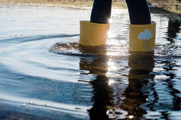kids rain boots in a big puddle of water at sunset NorrtoÂ¤lje, Stockholm County, Sweden ,model released, Symbolfoto CR_RABE200320-317752-01