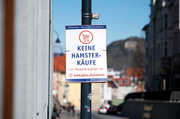 Coronavirus We remain in solidarity Poster campaign of the city of Jena on 30 3 2020 No hamster purchases No panic buying Poster at Madgelstieg downtown Jena