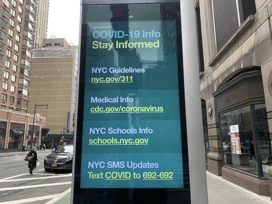 March 30, 2020, International, New York USA: (NEW) Covid-19:New york in search of qualified health officials. March 30,2020,New York,USA:Billboards in Manhattan area of New York City shows information about the cityoÂ¢Ã¢öÂ¬Ã¢Â¢s search for qualified health officials to help treat patients;people to donate blood and also the importance of keeping 6 feet (2 meters) distance from each other and advise people to stay at home even if healthy, in order to help stop the spread of the Coronavirus. And that Park avenue is opened for pedestrians from Friday (27) till Monday(30)..Credit: Thenews2 International - ZUMAn293 20200330_znp_n293_110 Copyright: xNiyixFotex