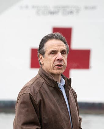 USNS Comfort Navy ship hospital arrival in NYC Governor Andrew Cuomo addresses media on arrival of USNS Comfort Navy ship Comfort with 1000 beds to relief NYC hospitals on COVID-19 pandemic at pier 88 New York New York United States Pier 88 Copyright: LevxRadin