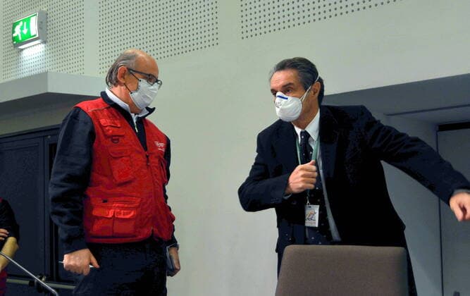 Milan, press conference and official presentation of the hospital in Fiera al Portello, for coronavirus patients, Solaro del Borgo, pre Bertolaso representative, President Attilio Fontana (Maurizio Maule Fotogramma, Milan - 2020-03-31) p.s. la foto e utilizzabile nel rispetto del contesto in cui e stata scattata, e senza intento diffamatorio del decoro delle persone rappresentate  Copyright: xMaurizioxMaulex xFOTOGRAMMAx