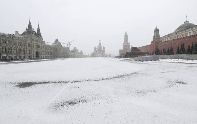 MOSCOW, RUSSIA - MARCH 31, 2020: A deserted Red Square during a snowfall. Gavriil Grigorov TASS  TS0D3F68