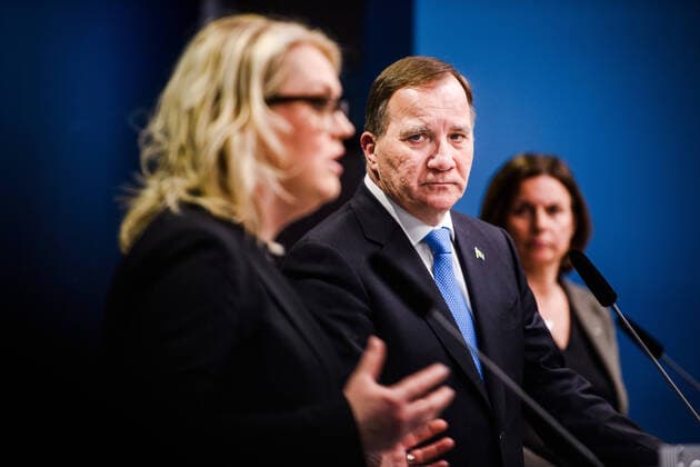 200331 Lena Hallengren, Minister for Health and Social Affairs, Stefan Löfven, Prime Minister and Isabella Lövin, Minister for Environment and Climate, and Deputy Prime Minister of Sweden at a press conference with the government of Sweden regarding the coronavirus, covid 19, on March 31, 2020 in Stockholm,  Copyright: MAXIMxTHORE 47107453st
