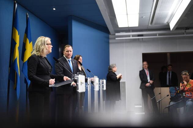 200331 Lena Hallengren, Minister for Health and Social Affairs, Stefan Löfven, Prime Minister and Isabella Lövin, Minister for Environment and Climate, and Deputy Prime Minister at a press conference with the government of Sweden regarding the coronavirus, covid 19, on March 31, 2020 in Stockholm,  Copyright: MAXIMxTHORE 47107517st
