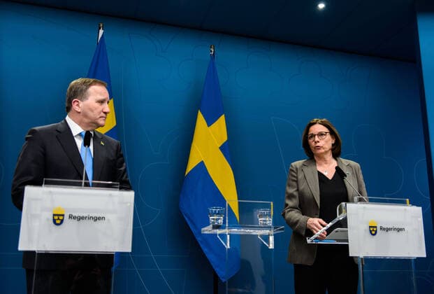200331 Stefan Löfven, Prime Minister of Sweden and Isabella Lövin, Minister for Environment and Climate, at a press conference with the government of Sweden regarding the coronavirus, covid 19, on March 31, 2020 in Stockholm,  Copyright: MAXIMxTHORE 47107637st